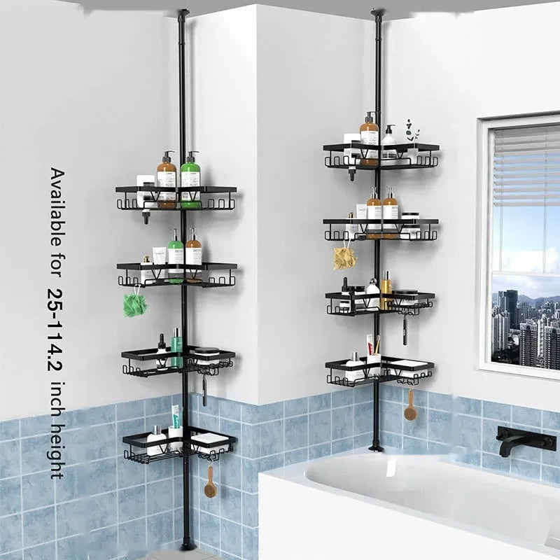 Four-layer retractable bathroom storage rack with hole-free mounting system