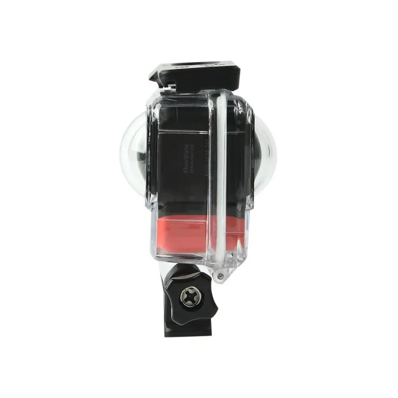 Transparent waterproof housing for Insta360 One RS panoramic camera showing clear plastic construction