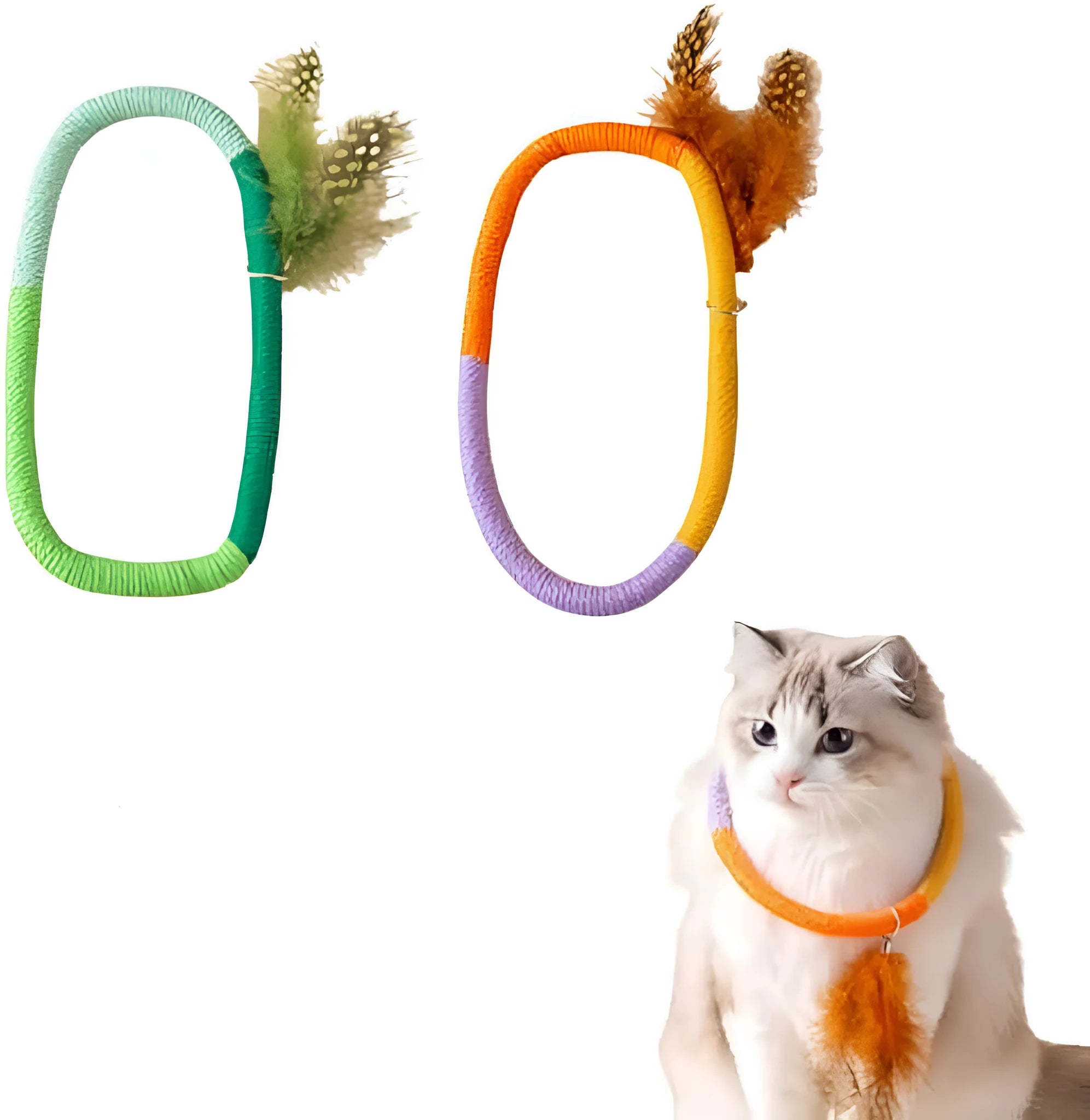 Green circular cotton rope cat toy with feathers for chewing and interactive play