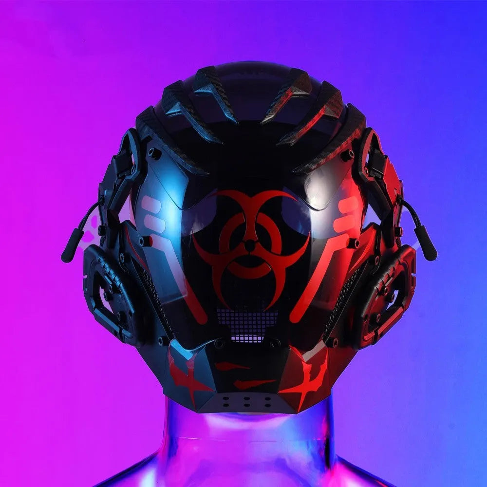 Black full-face bioweapon tech cyberpunk prop mask helmet for costumes.