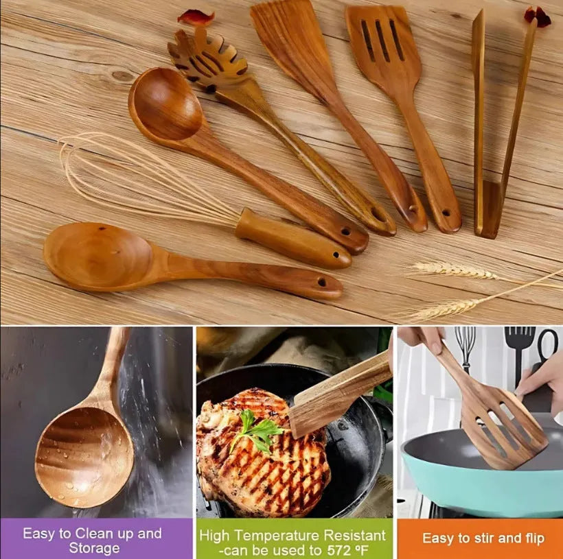 Seven wooden cooking utensils with non-slip handles for non-stick pans