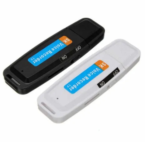 Black and white USB flash drive with voice playback function showing dimensions of 70mm length