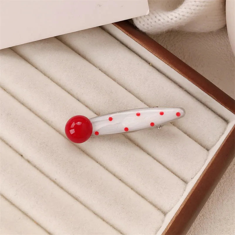 Red stereo love heart-shaped hairpin with French retro dots and willow leaf design