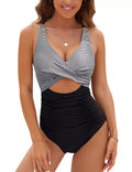 Solid colour cross pack pleating high waist one-piece nylon swimsuit in black, sleeveless, front view