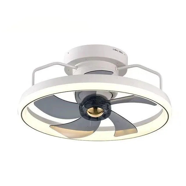 Modern white ceiling fan lamp with integrated light and five blades, mounted on a ceiling.