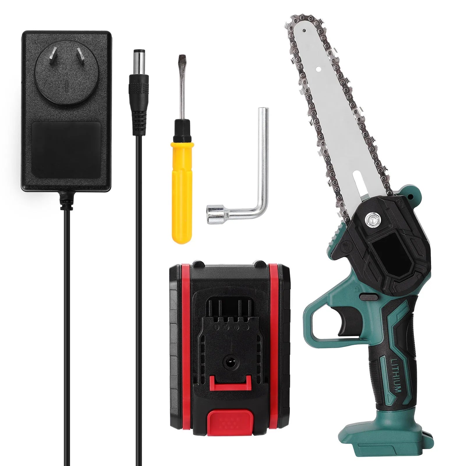 Green mini electric chainsaw with a 4-inch bar held in one hand, showing its compact and lightweight design.