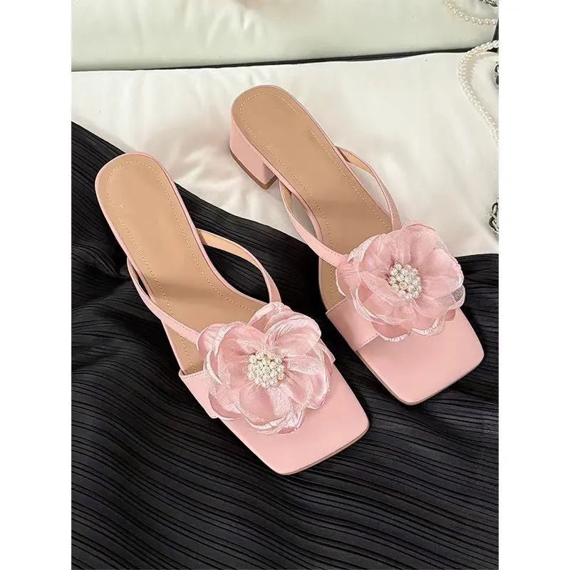 Women's chunky heel sandals with square toe and one-strap design in satin material