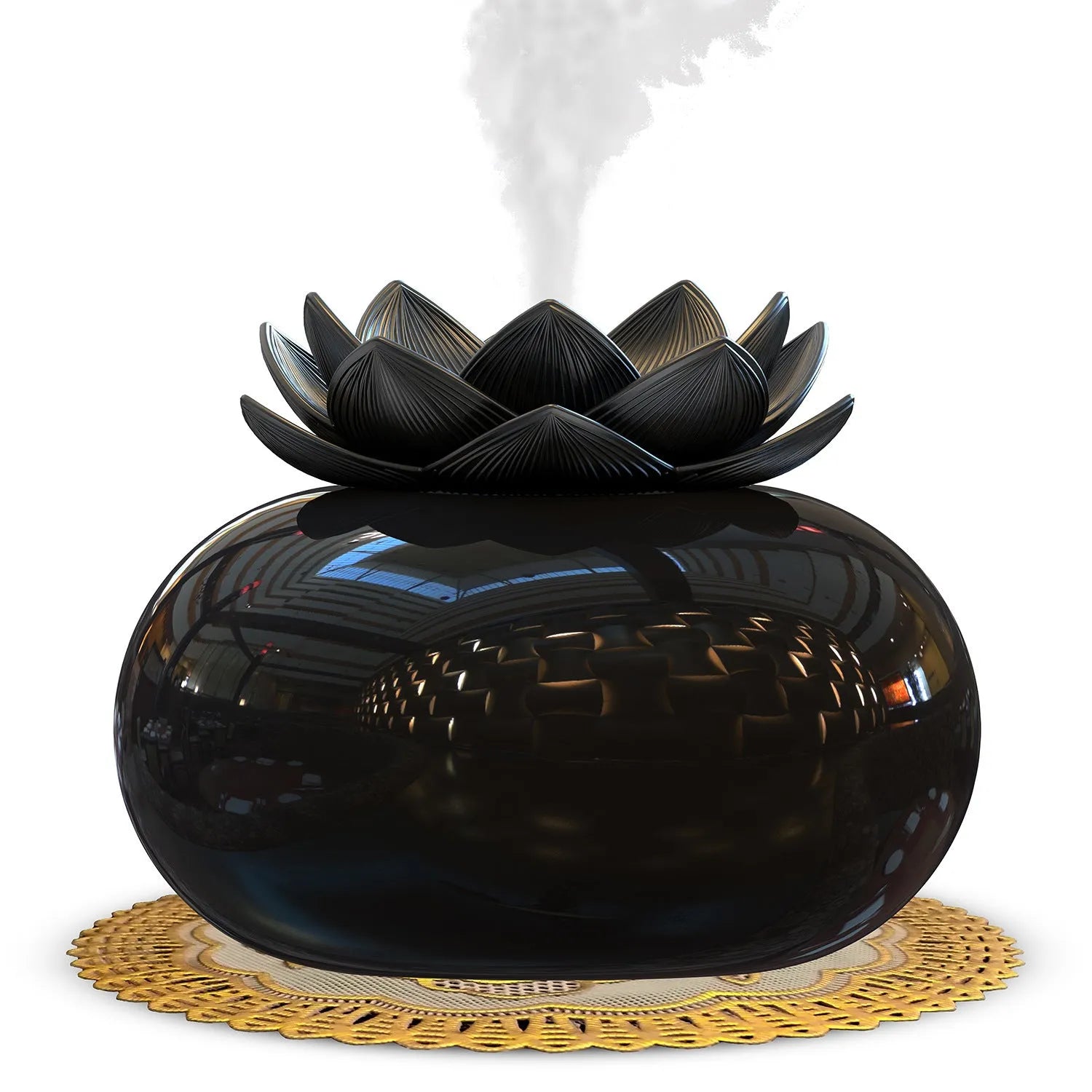 Pure black round Lotus ultrasonic aromatherapy humidifier with USB cable.