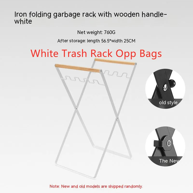 Outdoor iron folding trash rack with wooden handle holding rubbish sack