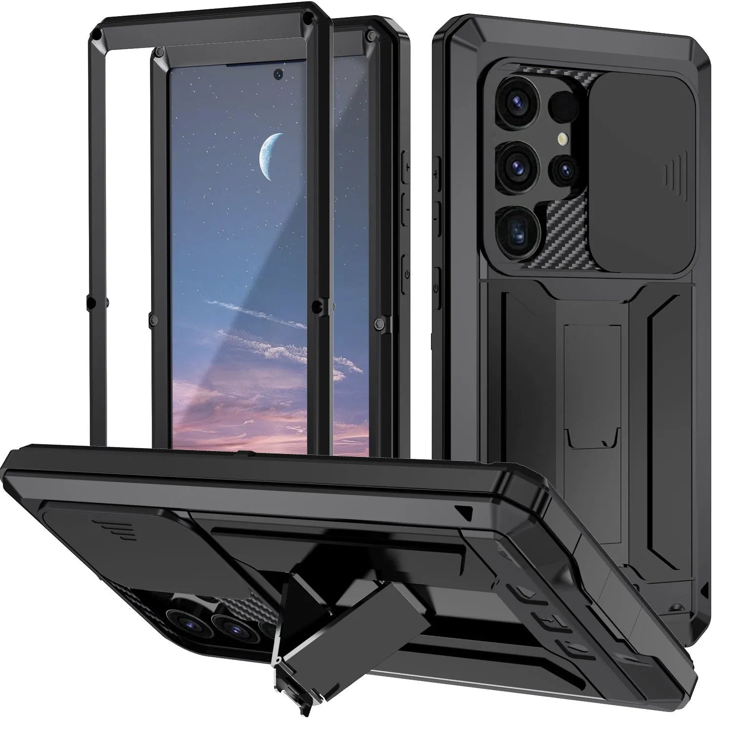 Metal phone case with invisible bracket for Samsung S25 Ultra in black showing rear camera cutout
