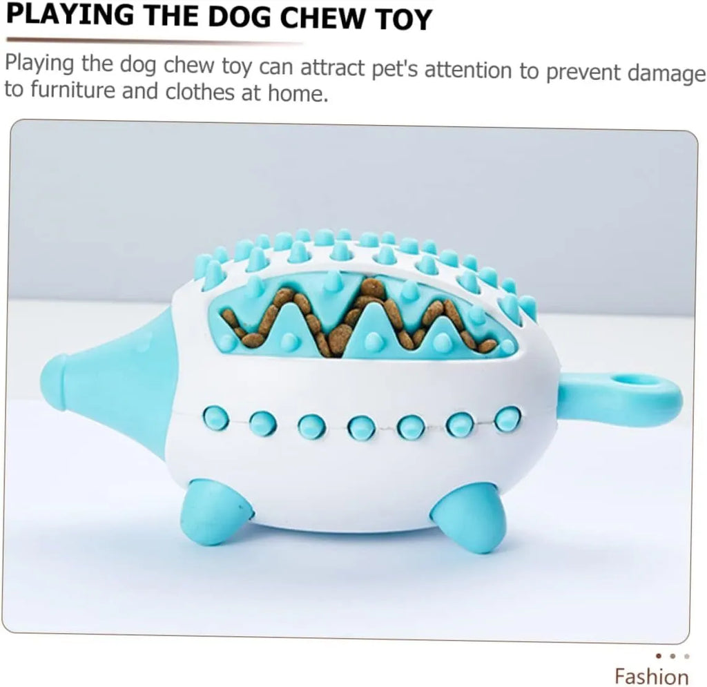 Blue wear-resistant treat dispensing dog toy with squeaky ball on white background