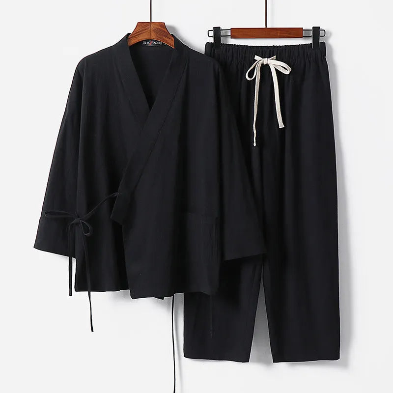 Cardigan-style Hanfu two-piece suit in cotton and linen, shown in apricot colour with shirt-style jacket and trousers.