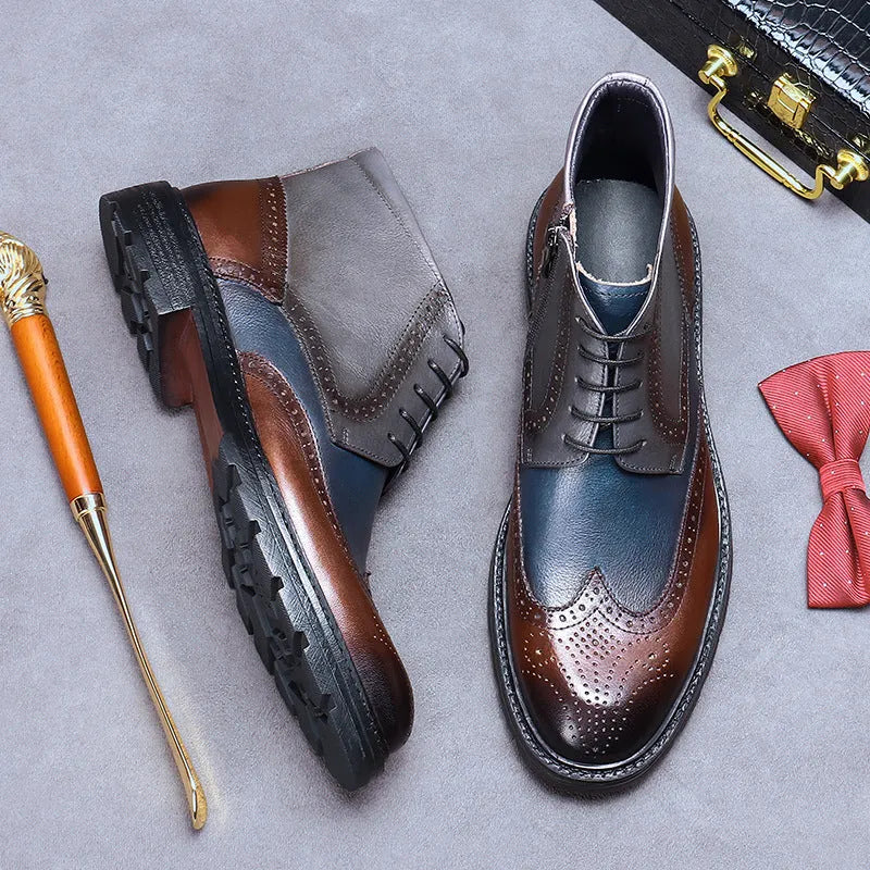 Men's vintage brogue ankle boots in curry blue cowhide leather with colour-blocking and low square heel.