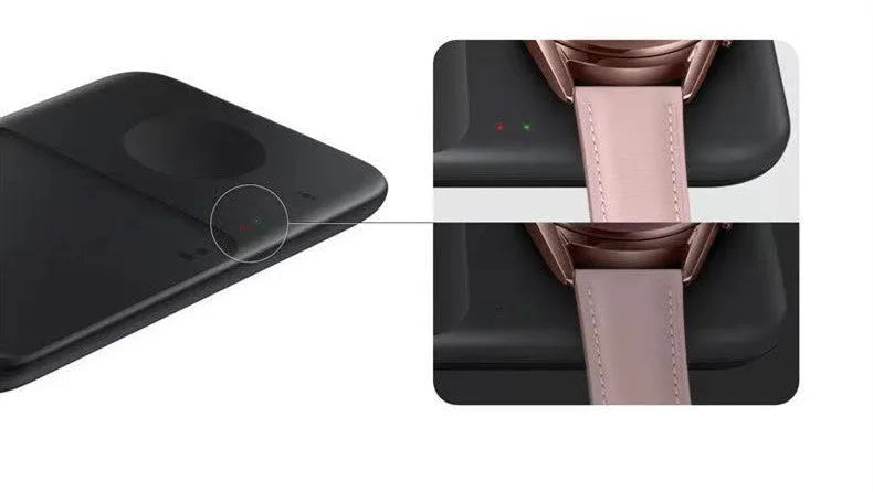 Two-in-one wireless charger with a black base, detachable headset pad, and foldable watch stand