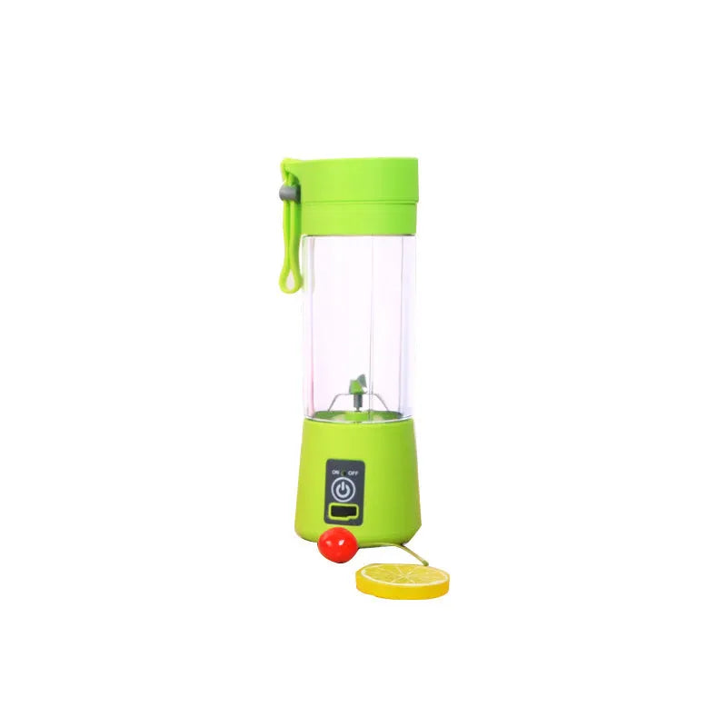 Mini USB-powered centrifugal fruit juicer in pink, with a 400ml plastic cup and stainless steel blade.
