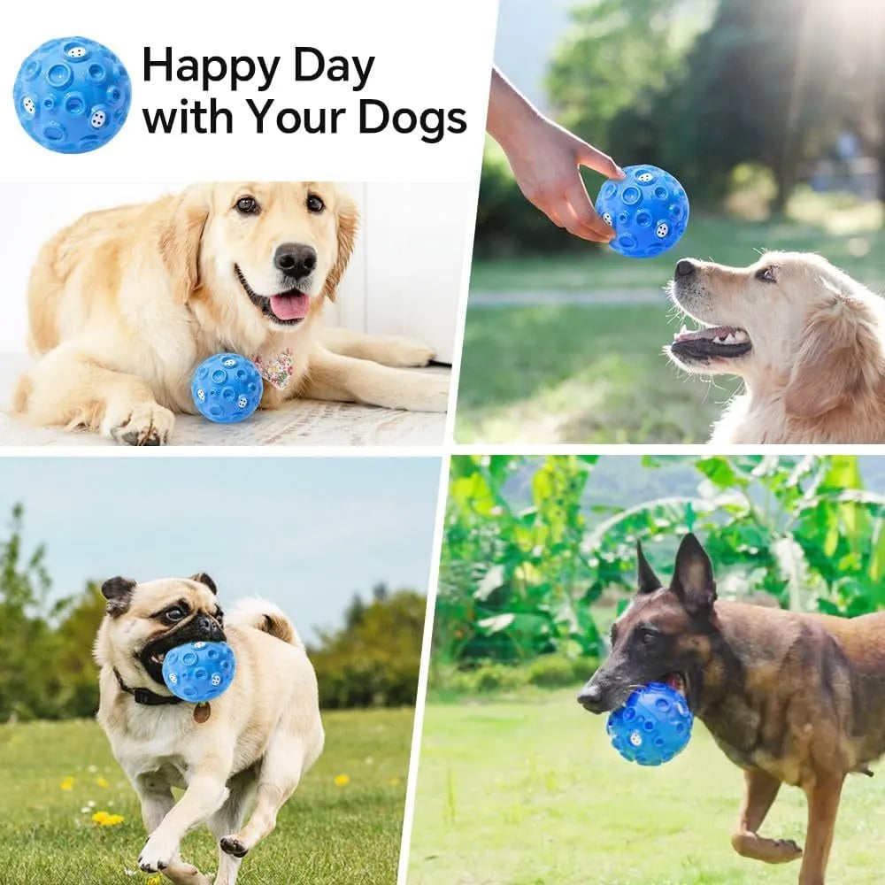 Durable rubber dog chew ball in multiple colours with squeaky sound and teeth-cleaning bumps.