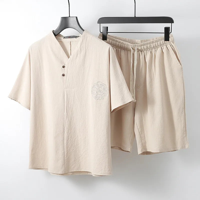 Men's loose linen cotton two-piece set with short-sleeved top and shorts in apricot colour.