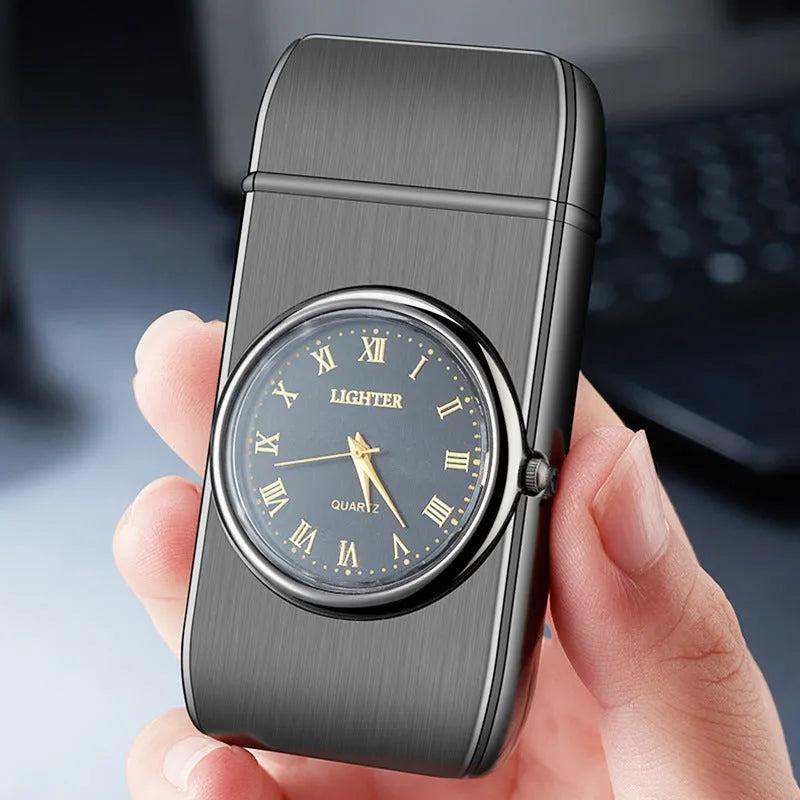 Electronic watch gas lighter with LED flash in black brushed metal finish.