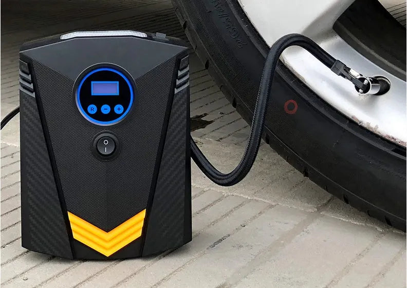Black 12V single cylinder digital tyre inflator with pressure gauge and automatic charging displayed on dark surface