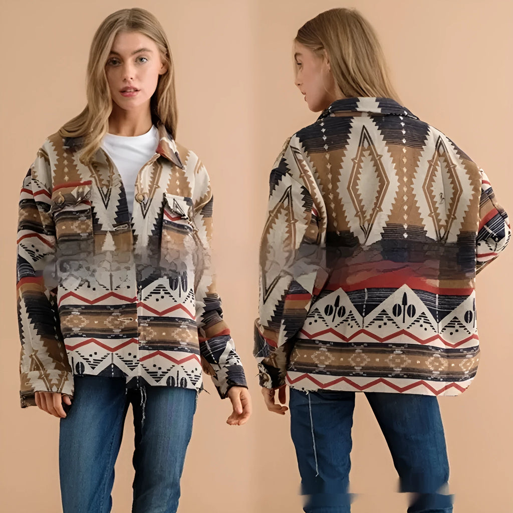 Women's loose fit retro woolen coat with Aztec print in Army Green colour