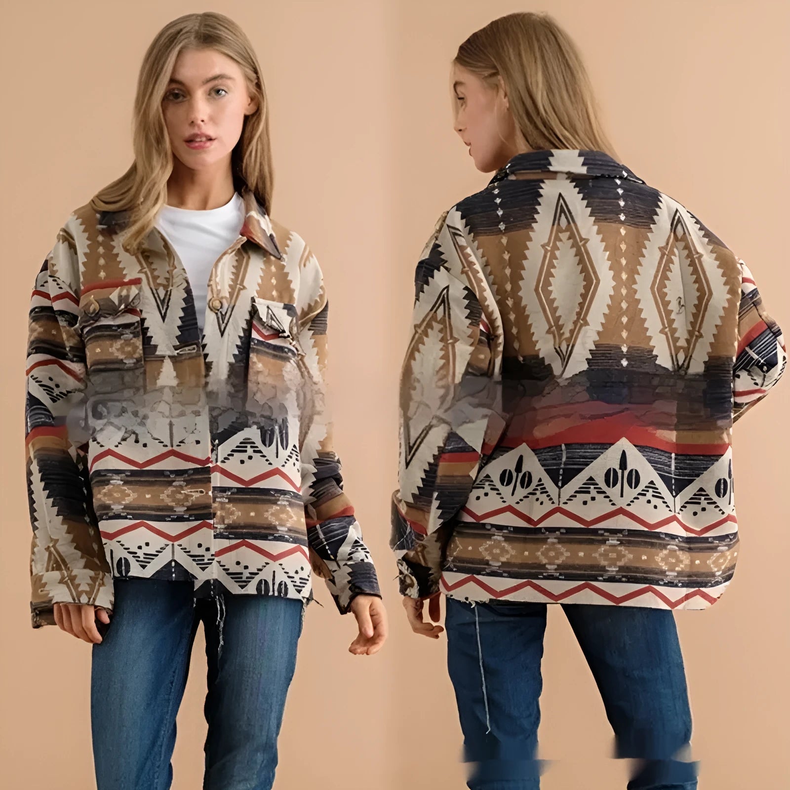 Women's loose fit retro woolen coat with Aztec print in Army Green colour