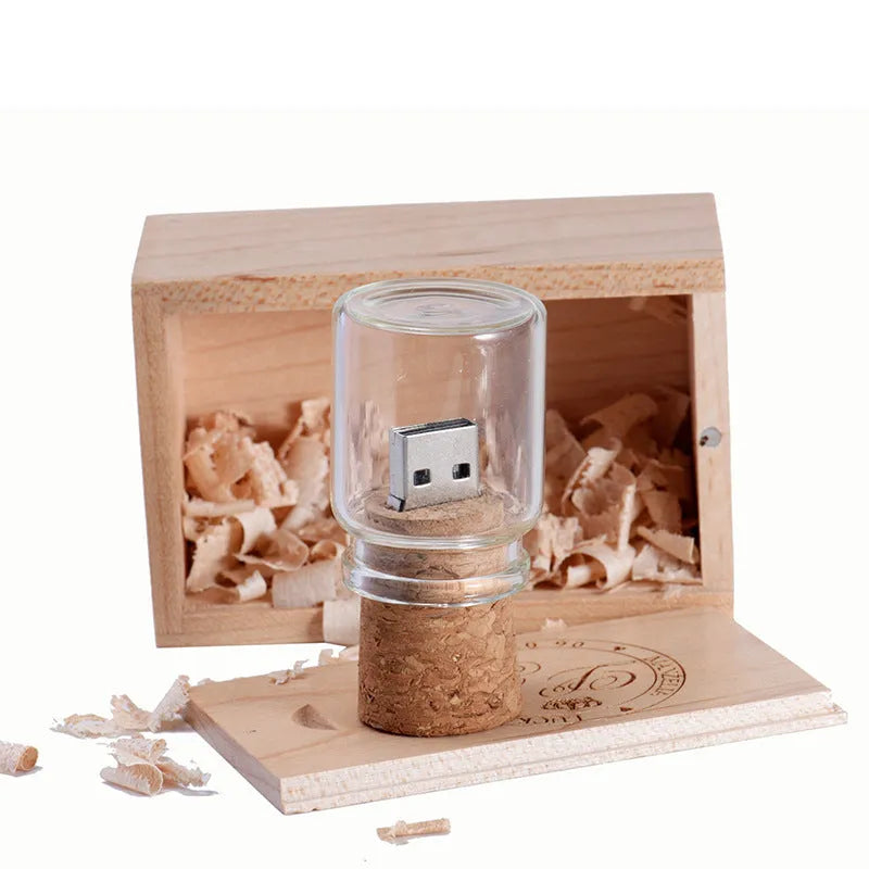 Chocolate brown wooden USB flash drive disk with personalised text engraving, shown with USB connector.
