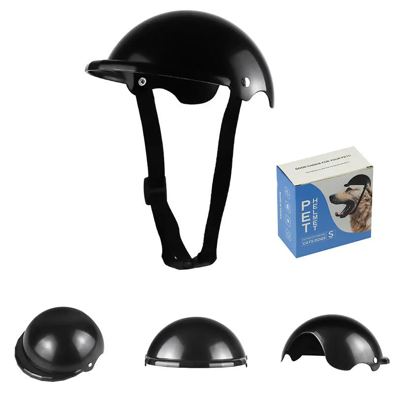 Small S size plastic pet safety helmet for motorcycles in pink, black, yellow, or green.