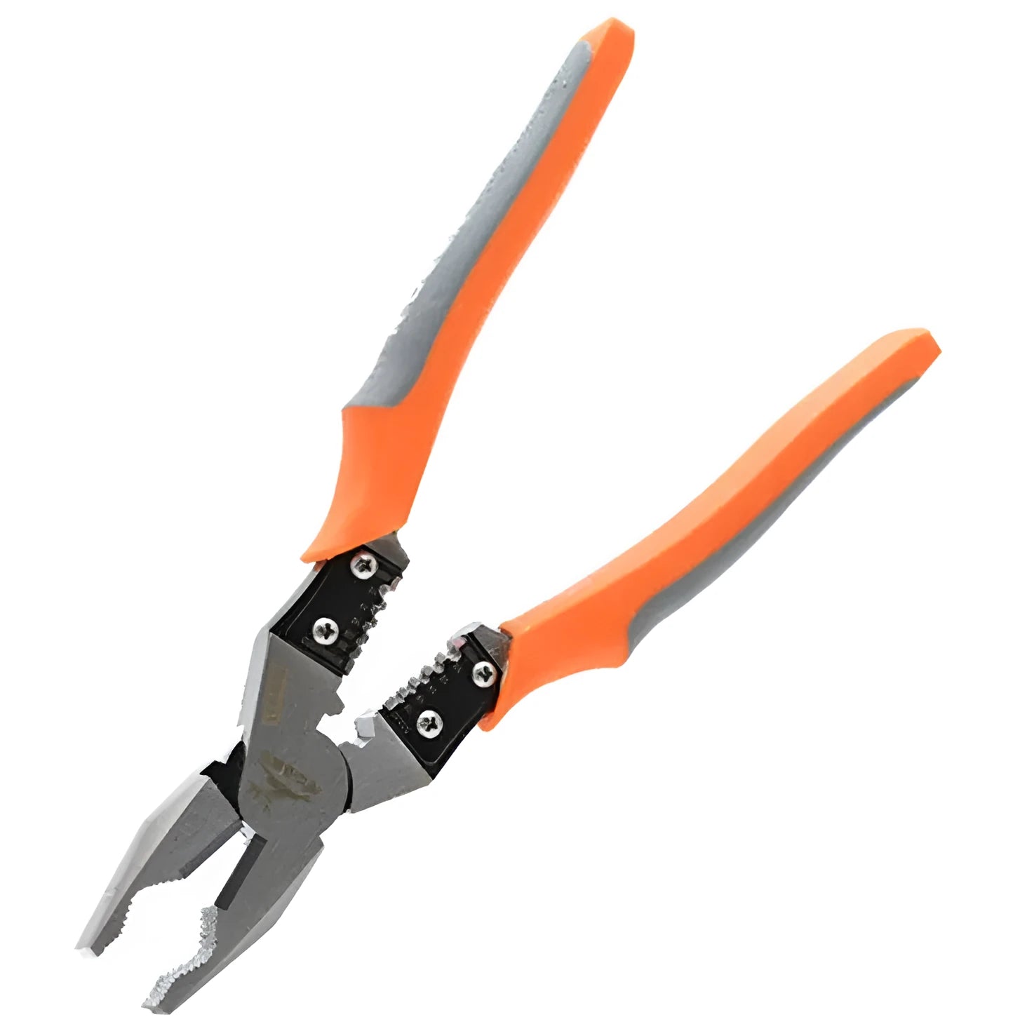Orange handled multi-function wire cutter with forged alloy steel jaws on a workbench.