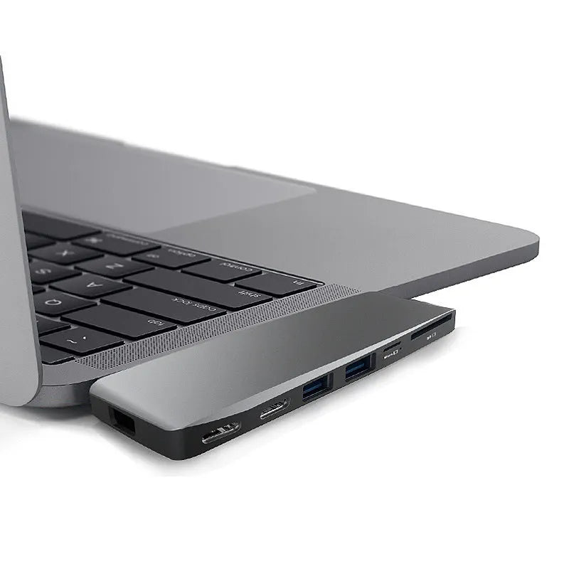 Eight-interface computer card reader adapter for MacBook Pro with dual USB-C connectors