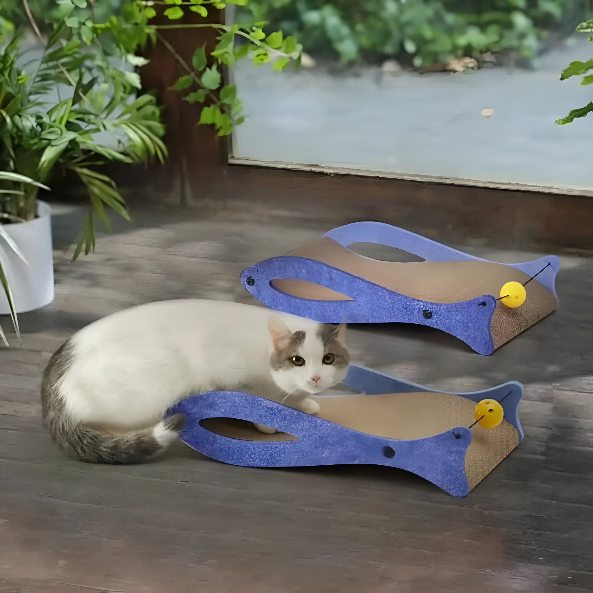 Blue fish-shaped cardboard cat scratcher with attached bell ball toy