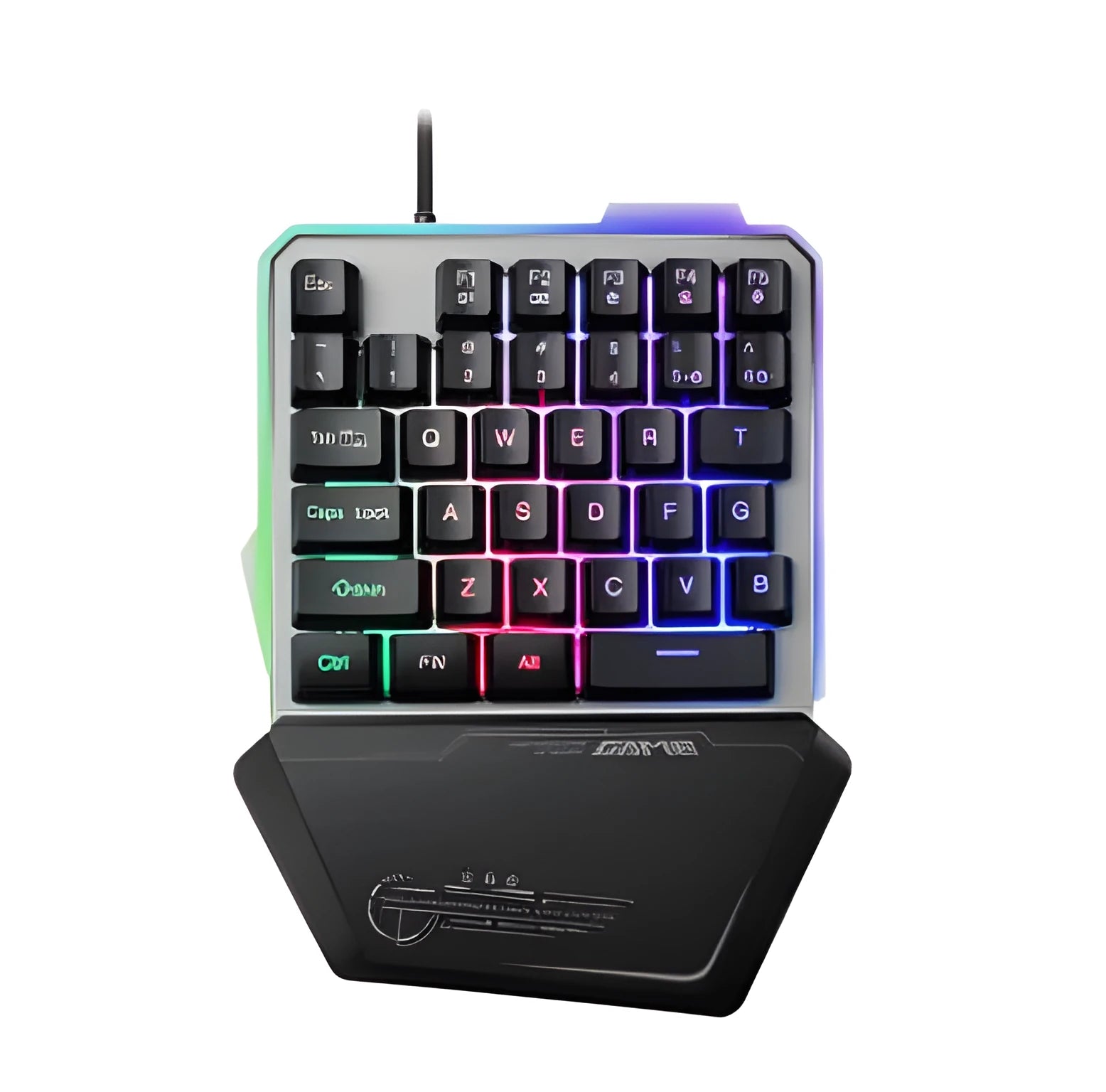 Black G40 Flow one-handed gaming keyboard with RGB backlit keys on a dark surface.