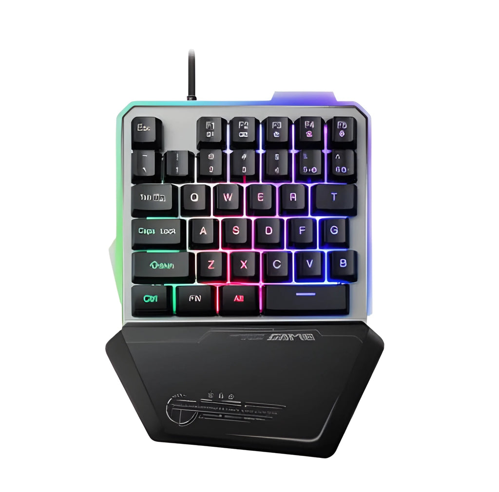 Black G40 one-handed robotic keyboard with RGB backlit keys on a dark surface.