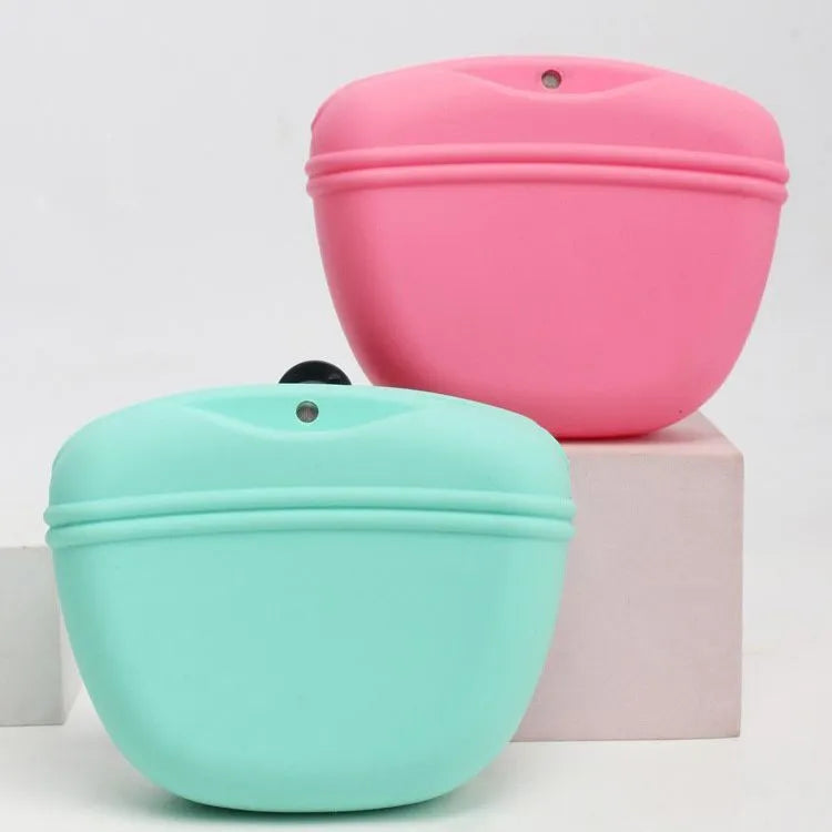 Silicone dog training treat waist bag with clip, shown in various colours.
