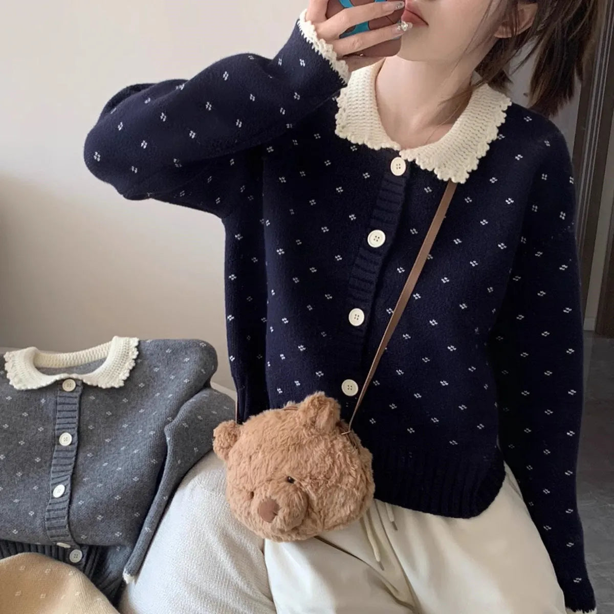 Retro Peter Pan collar knitted cardigan coat with floral embroidery in three colour options