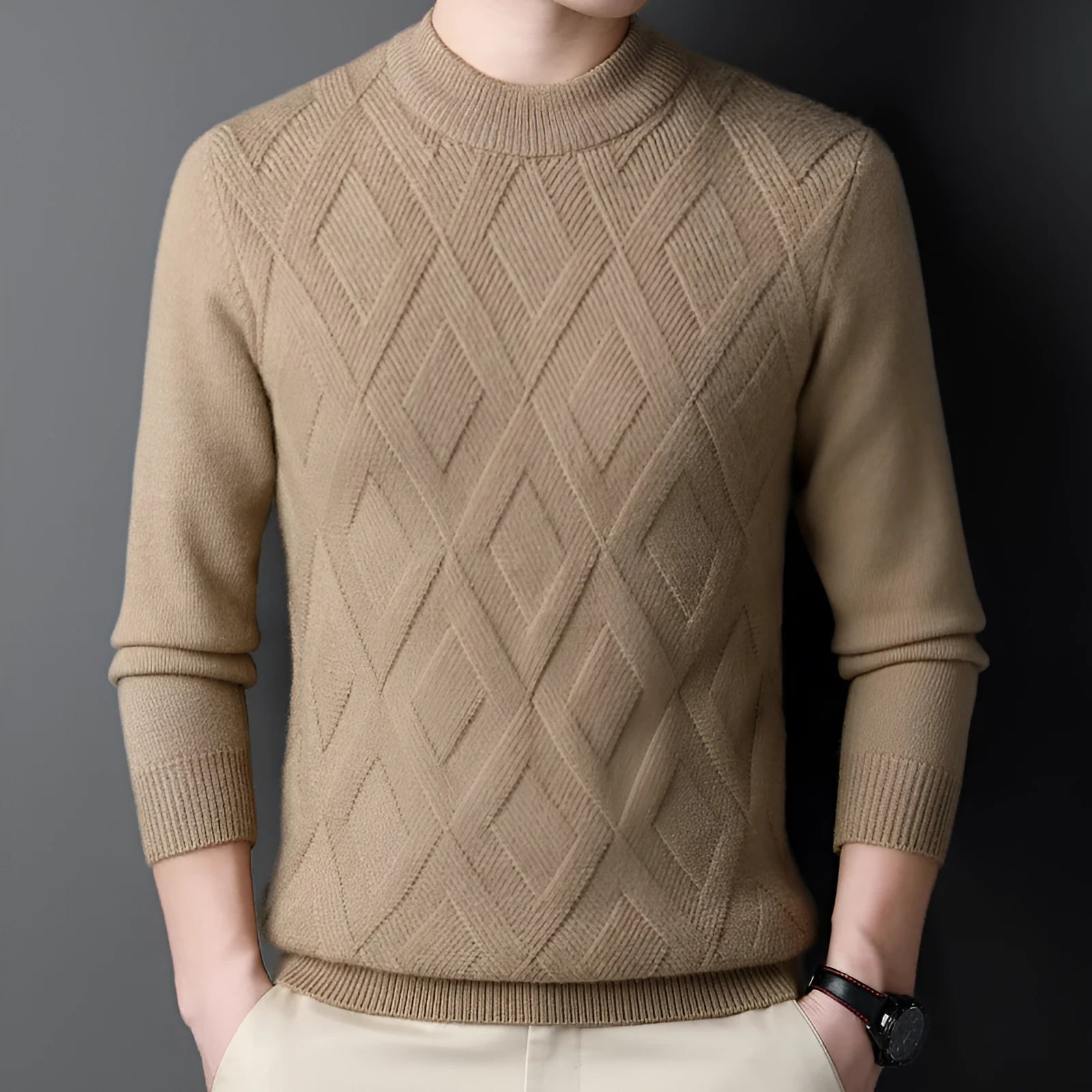 Men's thick diamond jacquard winter sweater in light camel colour, pullover style