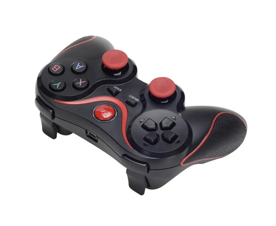 Upgraded X3 Bluetooth wireless game controller for Android phones in black or white, shown with a mobile phone clip accessory.