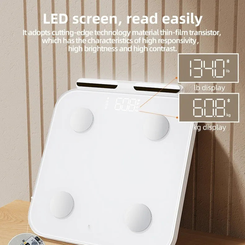 White smart body fat scale with 8 electrodes and LED display on tempered glass platform