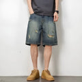 Blue retro loose-fit men's denim shorts with distressed holes and a straight-leg cut