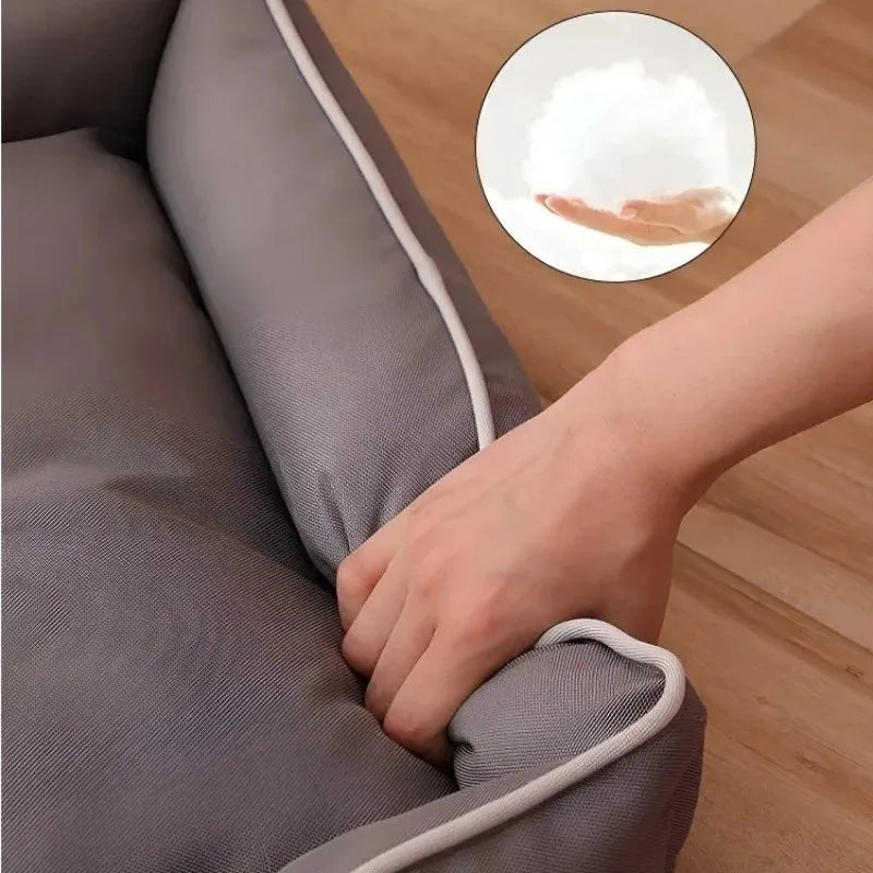 Grey waterproof Oxford cloth dog sofa bed with a high-rebound cushion, shown in a medium size.