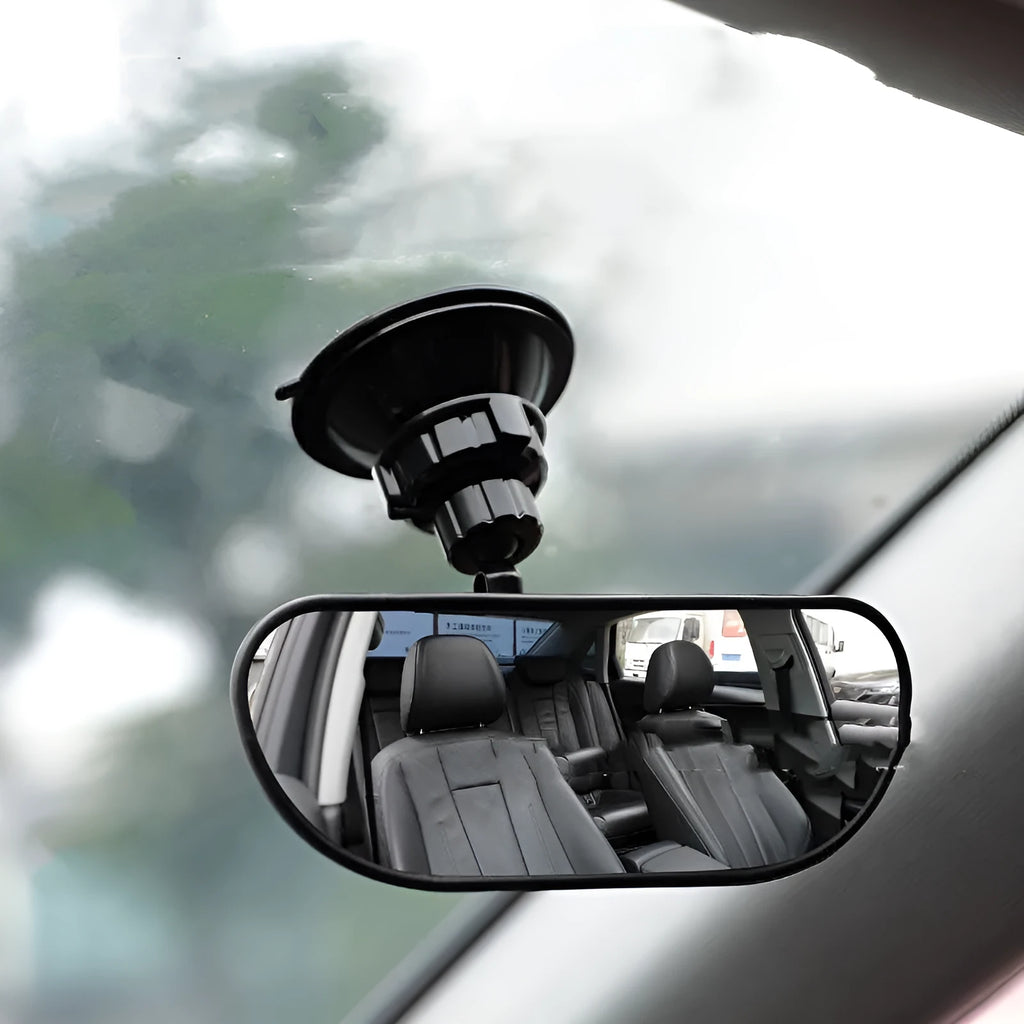 Black universal car rearview mirror with 360-degree rotation showing suction cup mounting option