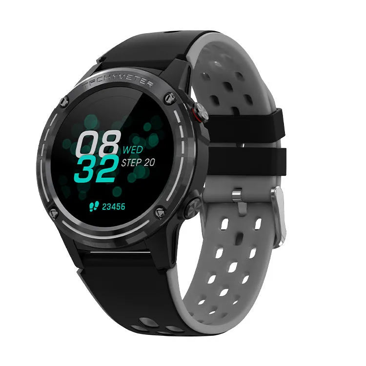 GPS smart watch with silicone sports bracelet showing four colour options: blue, black, cyan, and silver black