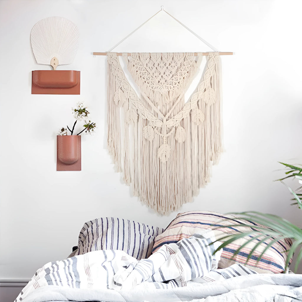 Hand woven beige cotton tapestry 115x100cm for living room wall decor with modern simple style