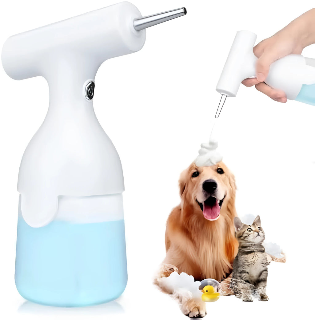 White electric foam soap dispenser with two nozzles and USB cable for pet and home cleaning.