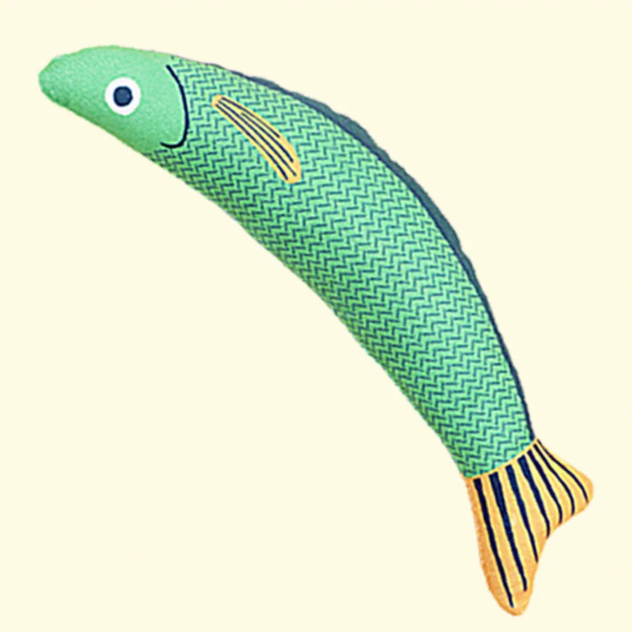 Green saury fish cat kicker toy with organic catnip filling measuring 24cm length