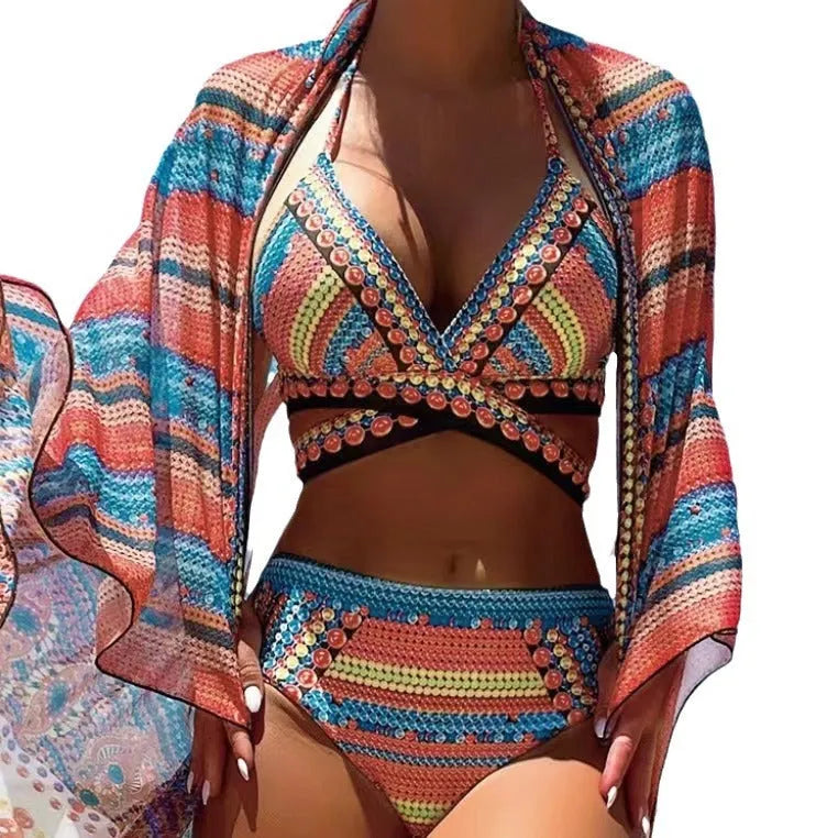 Women's retro ethnic swimsuit with split cross strap design in polyester bikini set