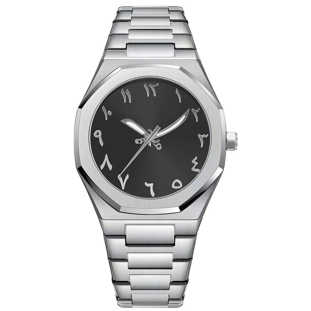 Men's steel business casual quartz watch with a 10mm case on a matching steel belt.