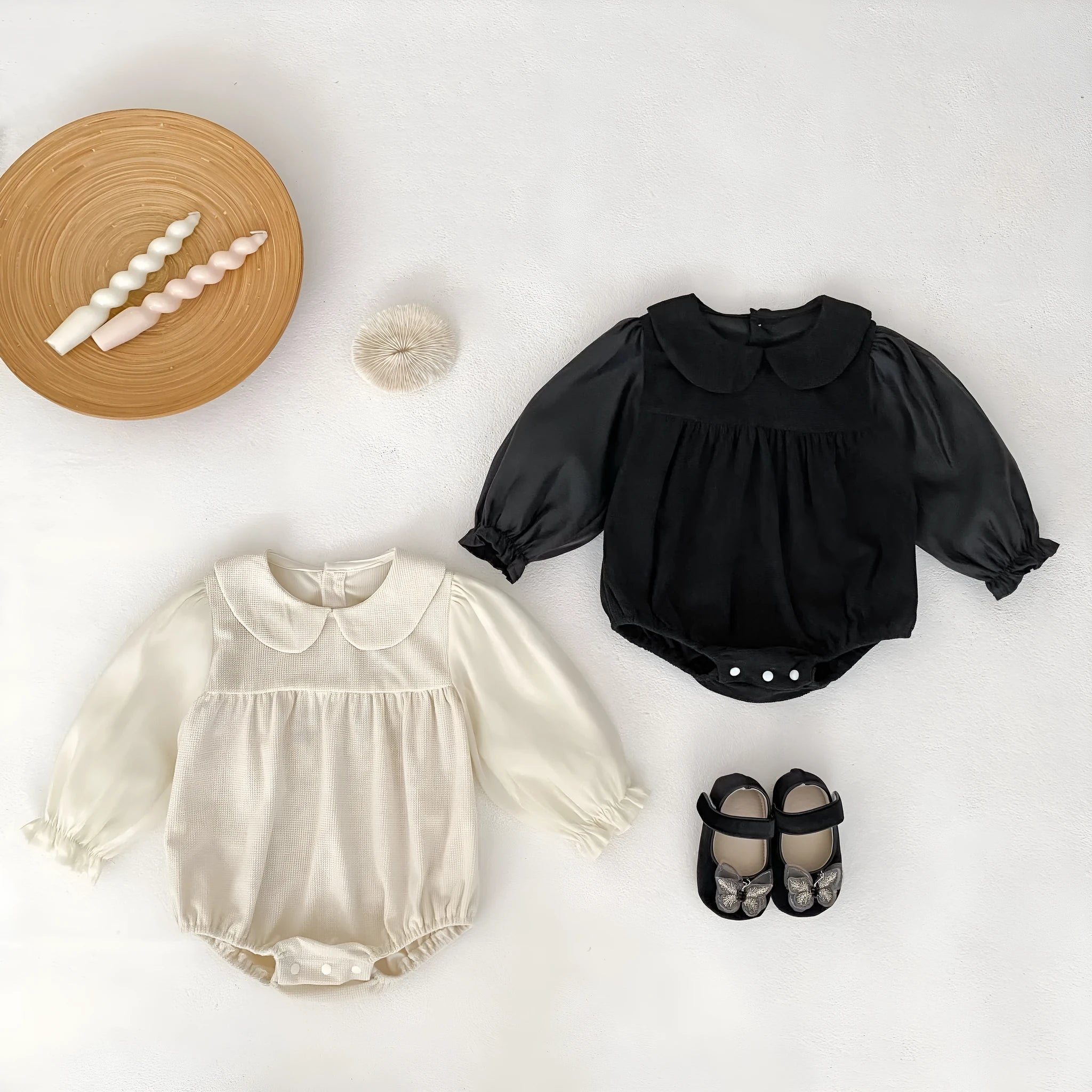 Baby girls corduroy triangle jumpsuit romper with doll collar in apricot colour, long sleeves, bottom-covering style