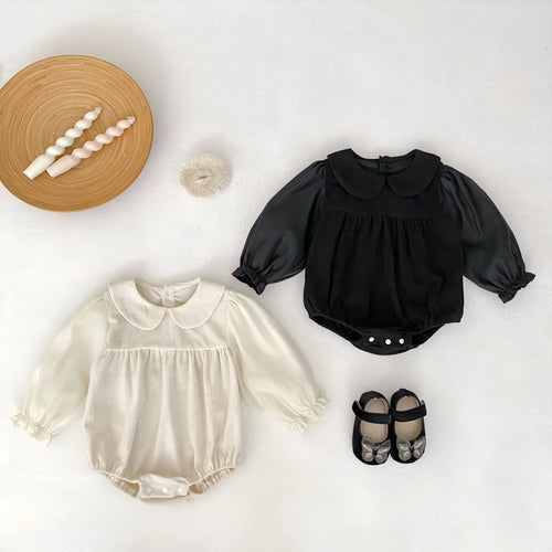Baby girls corduroy triangle jumpsuit romper with doll collar in apricot colour, long sleeves, bottom-covering style