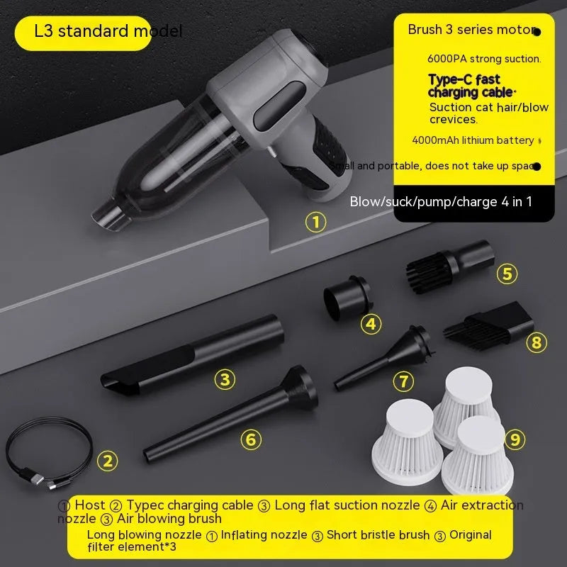 Handheld car vacuum cleaner with nozzle attachments in black, white, or grey colours
