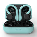 True wireless sport headphones with hanging ear design and removable ear hooks in black, blue, pink, red, and white